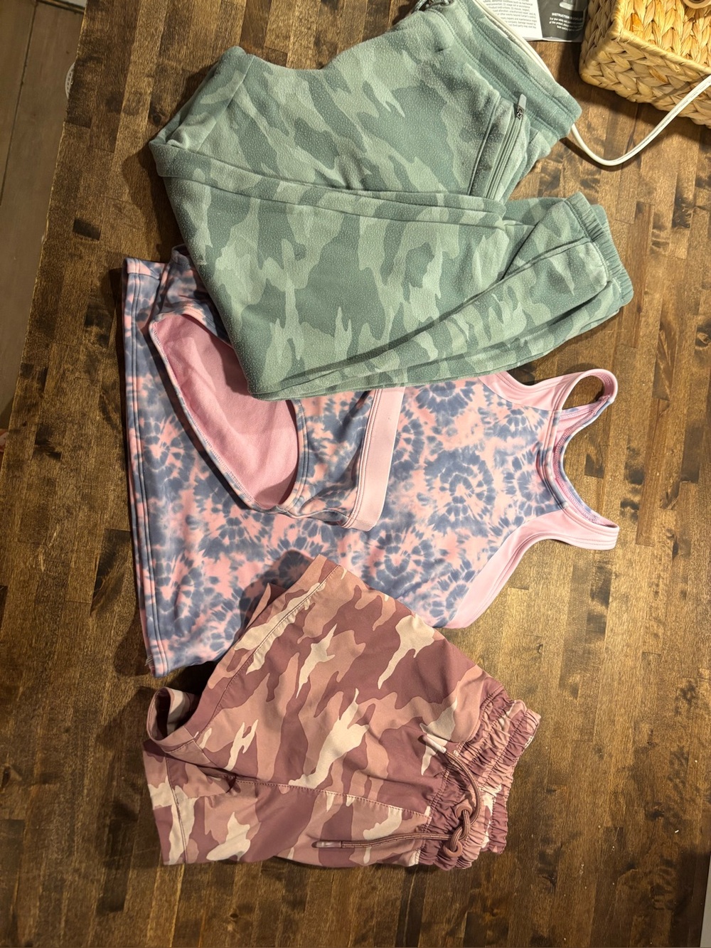 Athleta Girl Play More 3" Short Pink bathing suit  & Green Camo joggers 11/12